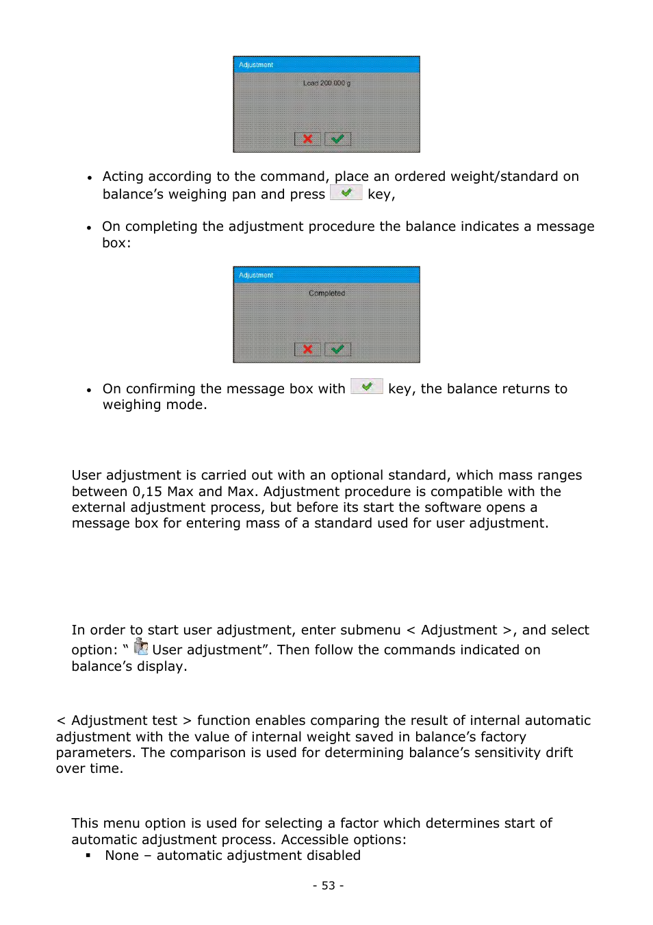 User adjustment, Adjustment test, Automatic adjustment | RADWAG BALANCES 3Y SERIES User Manual | Page 53 / 246
