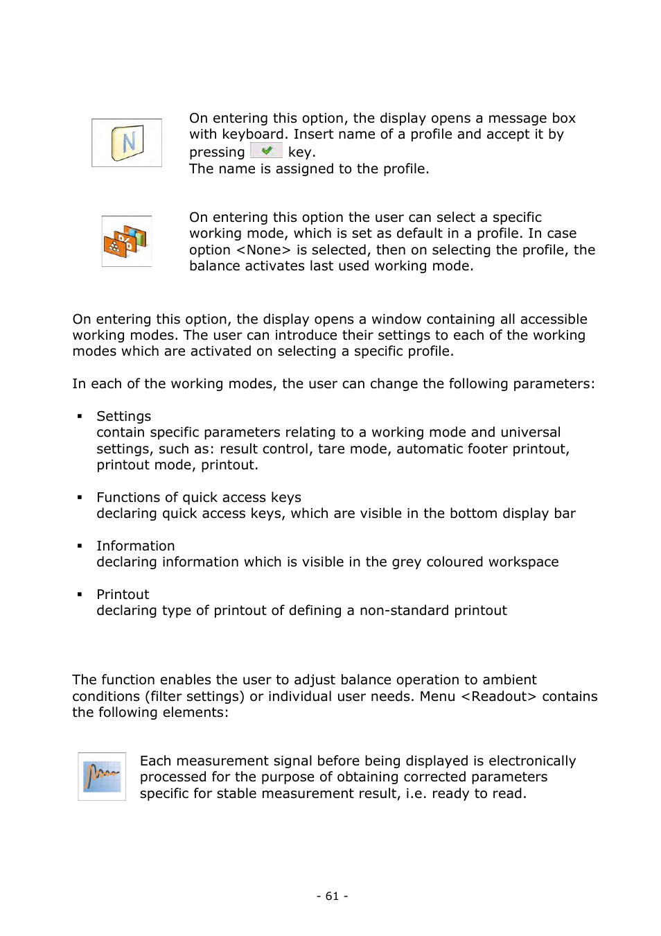 Settings, Working modes, Readout | RADWAG BALANCES 3Y SERIES User Manual | Page 61 / 246