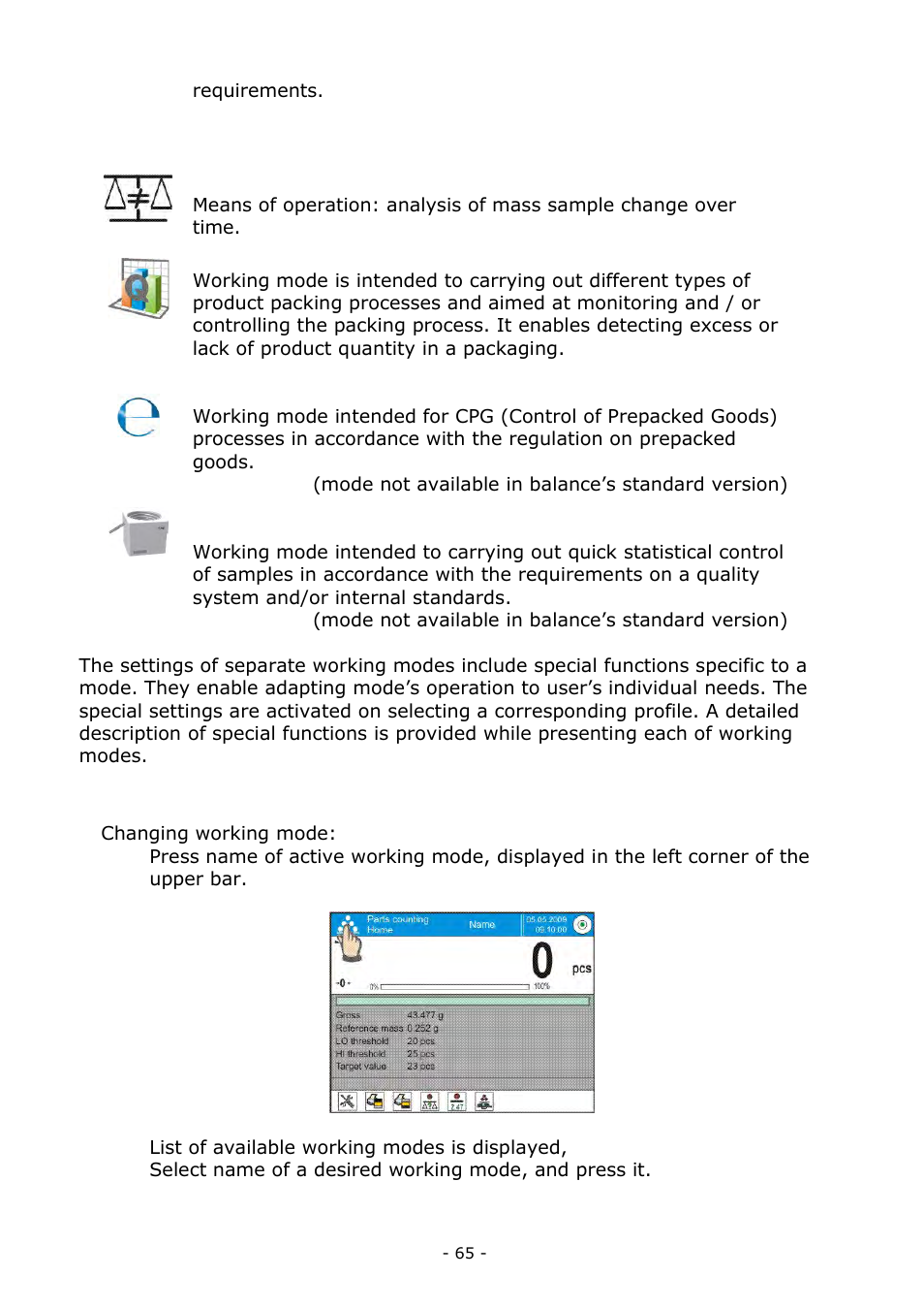 Working mode selection | RADWAG BALANCES 3Y SERIES User Manual | Page 65 / 246
