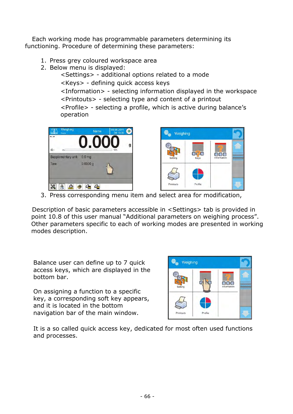 Parameters related to working modes, Quick access keys | RADWAG BALANCES 3Y SERIES User Manual | Page 66 / 246
