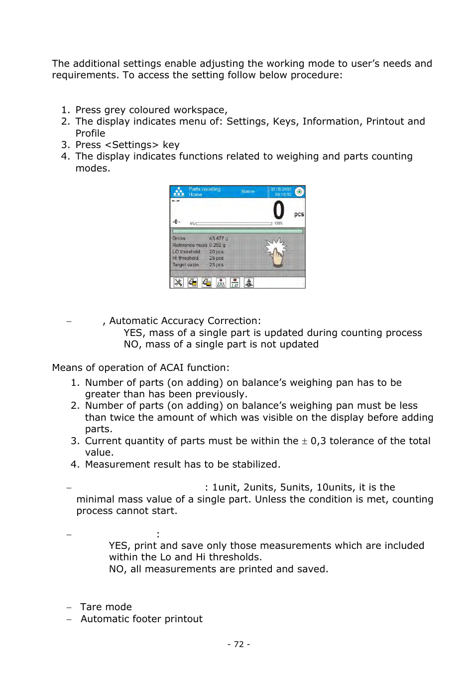 Additional settings of parts counting mode | RADWAG BALANCES 3Y SERIES User Manual | Page 72 / 246