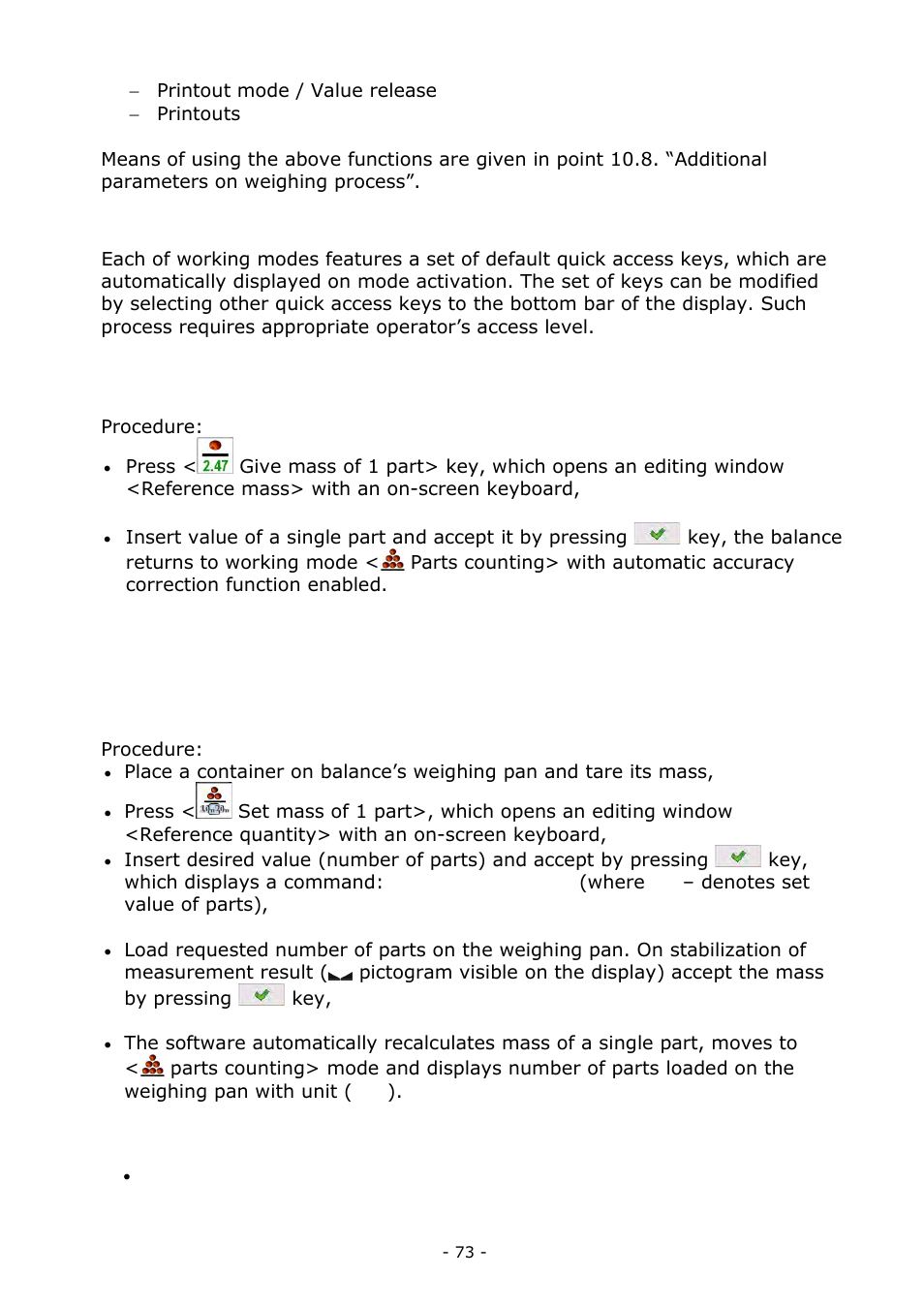 Parts counting – quick access keys, Setting standard (reference) mass by weighing | RADWAG BALANCES 3Y SERIES User Manual | Page 73 / 246