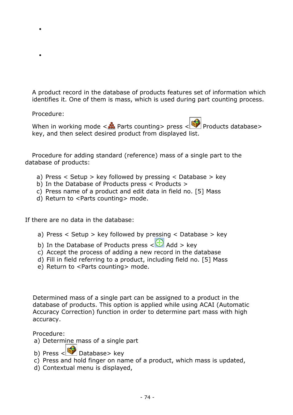 Acquiring part mass from database, Updating part mass in the database | RADWAG BALANCES 3Y SERIES User Manual | Page 74 / 246