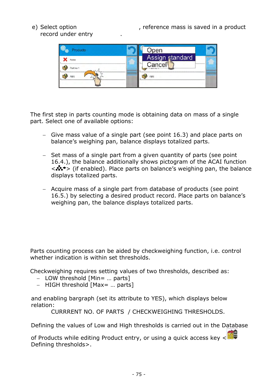 Parts counting procedure, Checkweighing function in parts counting mode | RADWAG BALANCES 3Y SERIES User Manual | Page 75 / 246