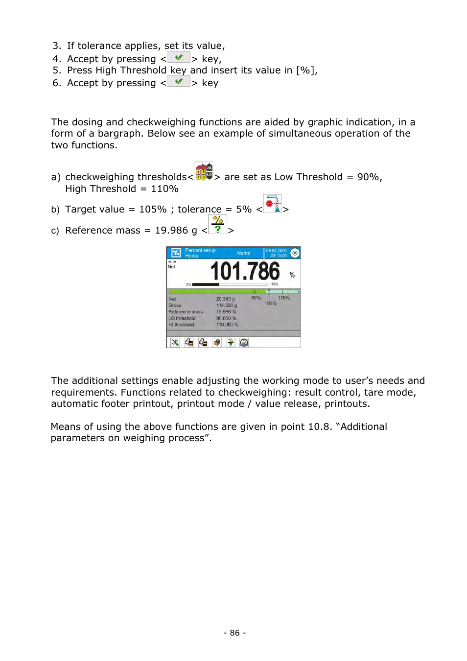 Interpreting the function by use of a bargraph, Additional settings of percent setup mode | RADWAG BALANCES 3Y SERIES User Manual | Page 86 / 246