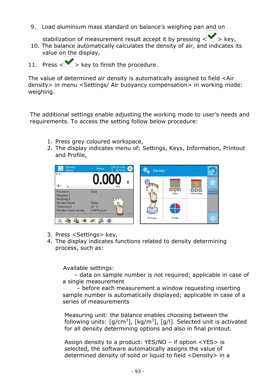 Additional settings of density mode | RADWAG BALANCES 3Y SERIES User Manual | Page 93 / 246