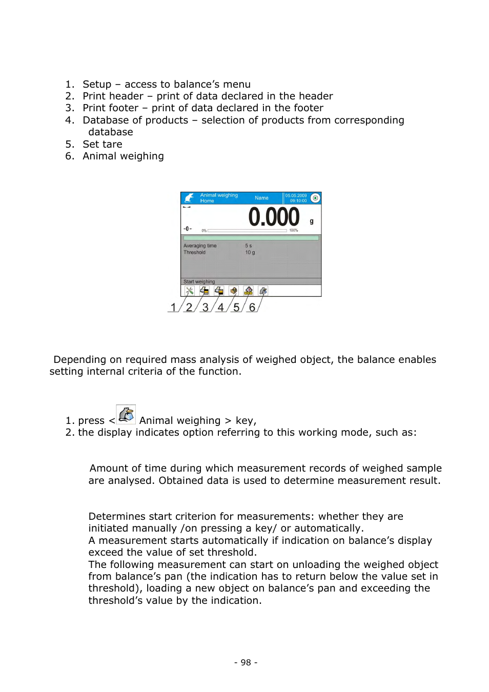 Setting of animal weighing mode | RADWAG BALANCES 3Y SERIES User Manual | Page 98 / 246