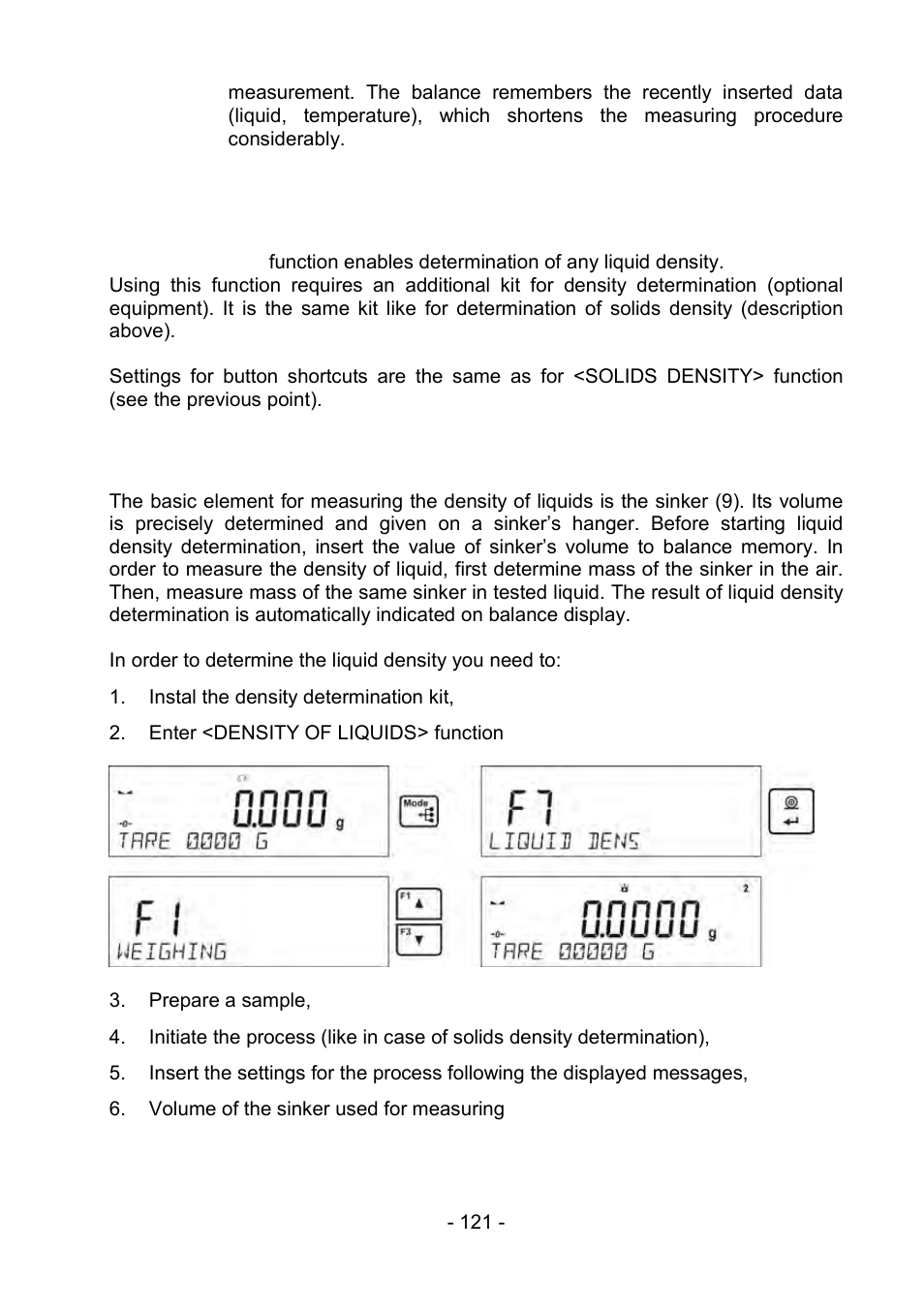 8 density of liquid, Density of liquids determination, Density of liquid | RADWAG PS 510.R2.CT Carat Balance User Manual | Page 121 / 174