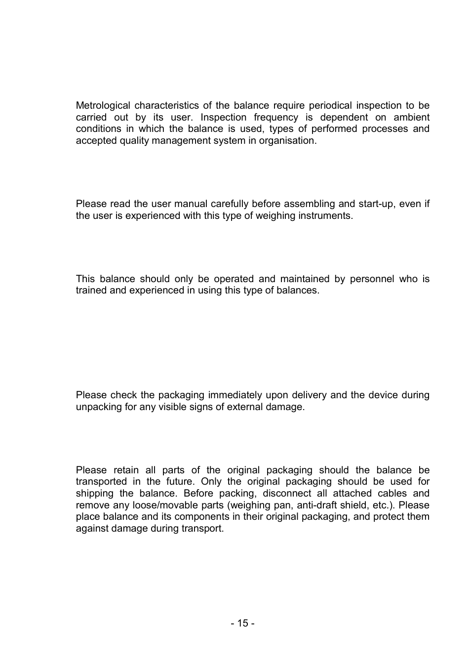 5 data included in this user manual, 6 staff training, 3 transport and storage | 1 delivery check, 2 packaging, Data included in this user manual, Staff training, Transport and storage, Delivery check, Packaging | RADWAG PS 510.R2.CT Carat Balance User Manual | Page 15 / 174
