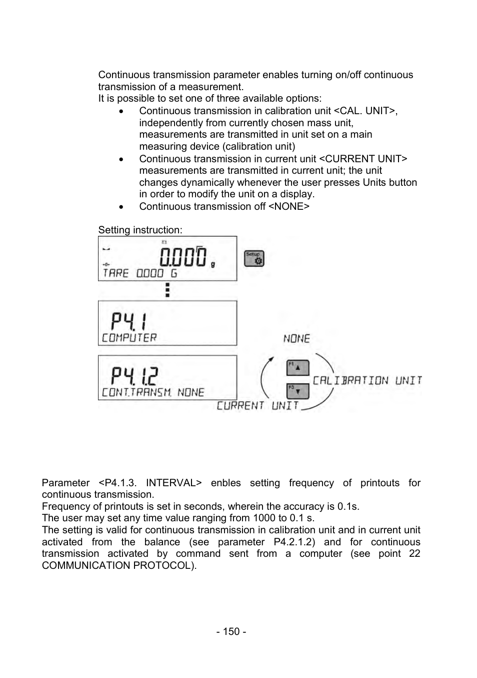 Continuous transmission, Printouts interval for continuous transmission | RADWAG PS 510.R2.CT Carat Balance User Manual | Page 150 / 174