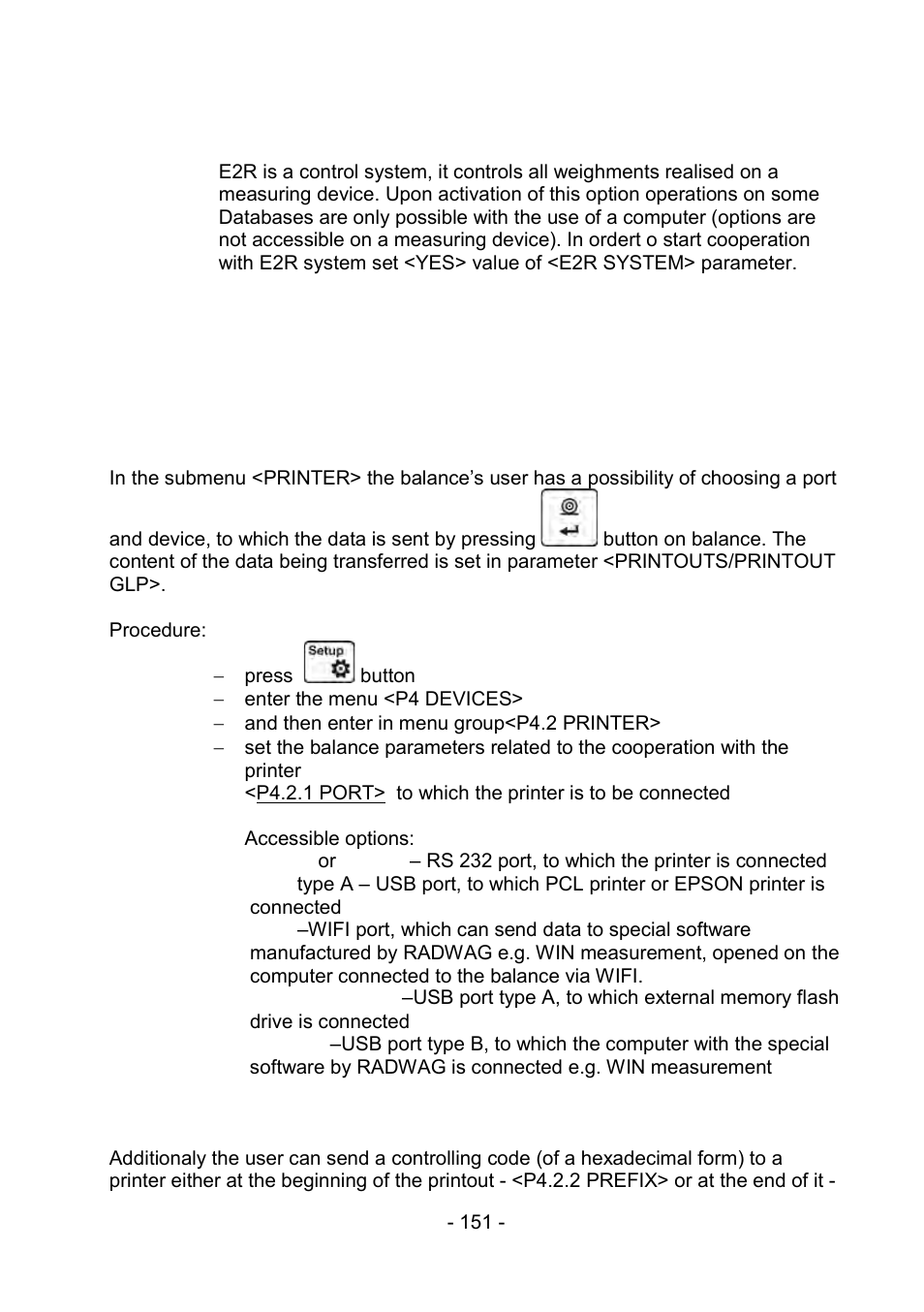 Cooperation with e2r, 2 printer, Printer | RADWAG PS 510.R2.CT Carat Balance User Manual | Page 151 / 174