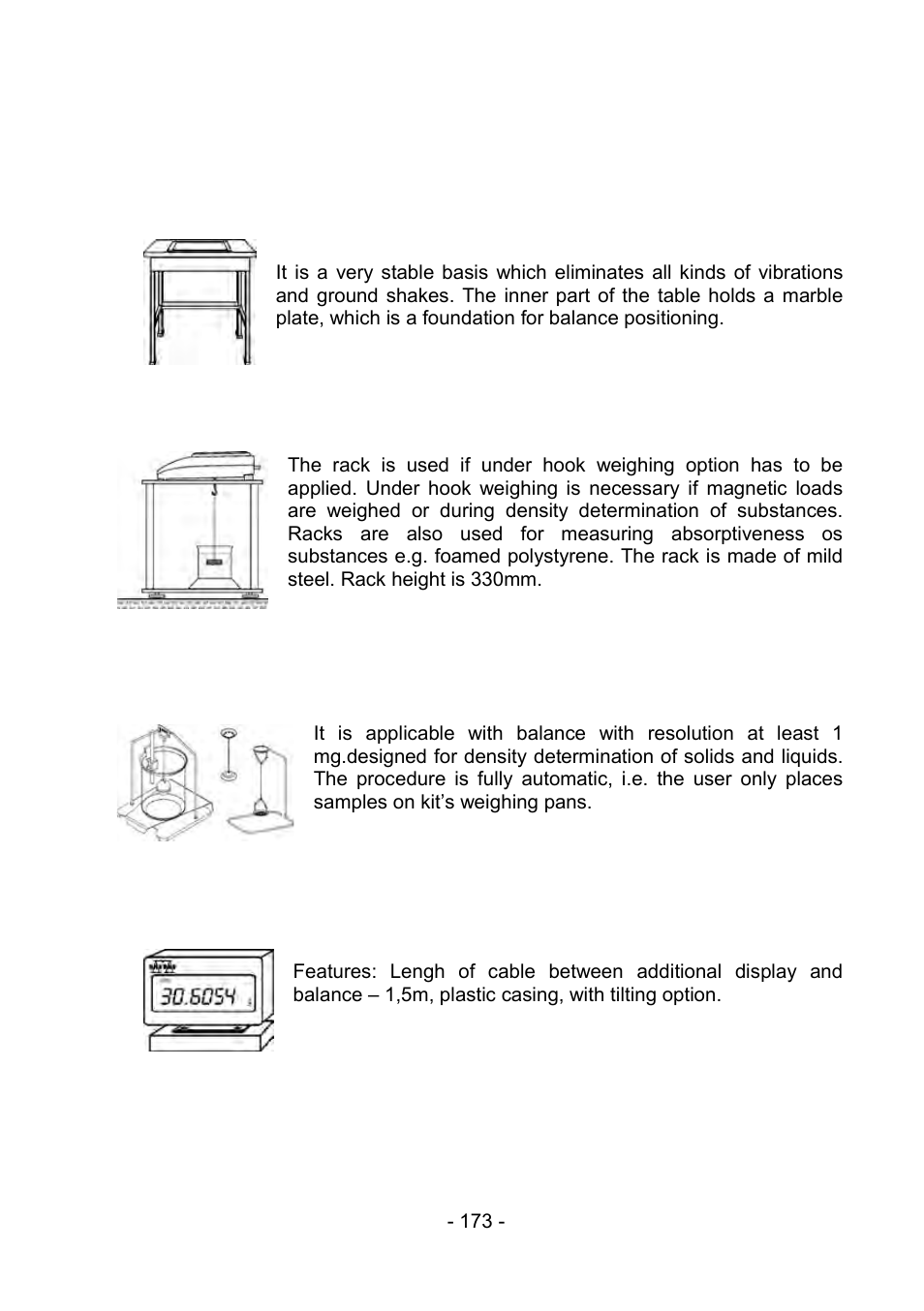 25 additional equipment, 1 anti-vibration table, 2 rack for under hook weighing | 4 additional display, Additional equipment, Anti-vibration table, Rack for under hook weighing, Density determination kit (for solids and liquids), Additional display | RADWAG PS 510.R2.CT Carat Balance User Manual | Page 173 / 174