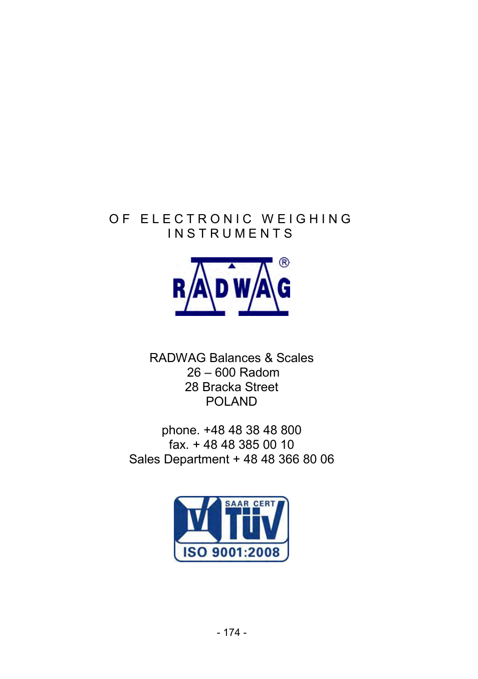 Manufacturer | RADWAG PS 510.R2.CT Carat Balance User Manual | Page 174 / 174