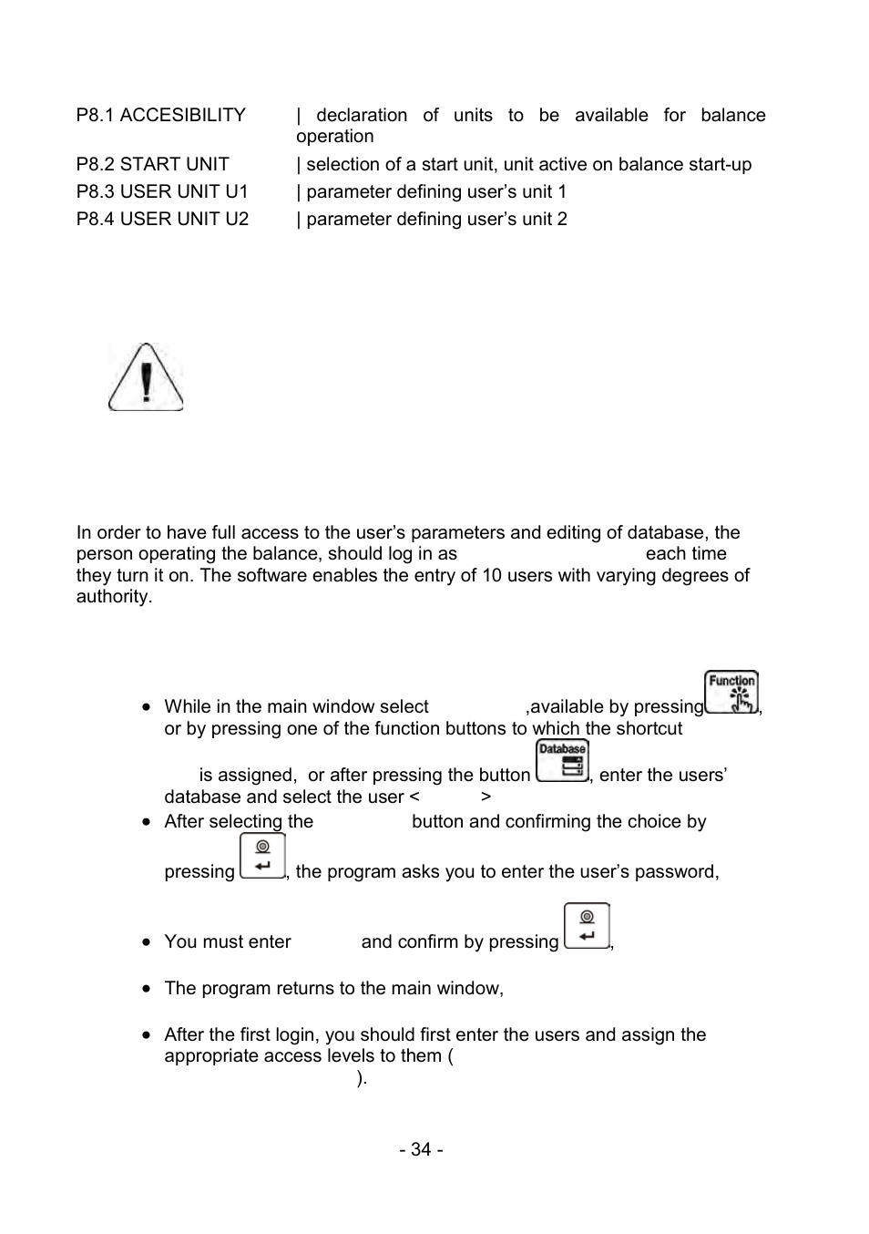 2 return to weighing, 9 logging in, Return to weighing | Logging in | RADWAG PS 510.R2.CT Carat Balance User Manual | Page 34 / 174