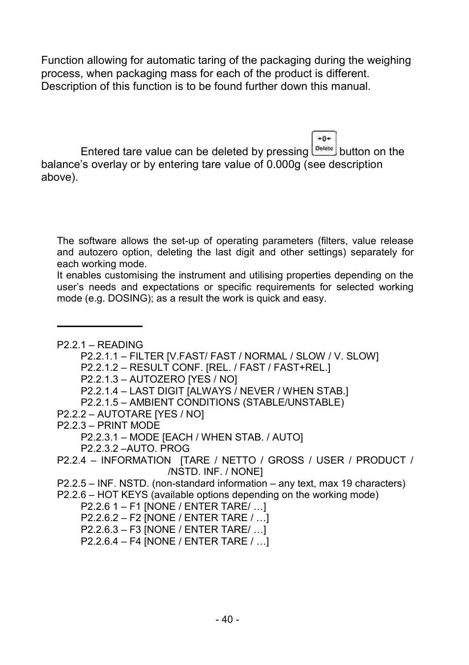 4 settings for mode <weighing, Settings for mode <weighing | RADWAG PS 510.R2.CT Carat Balance User Manual | Page 40 / 174