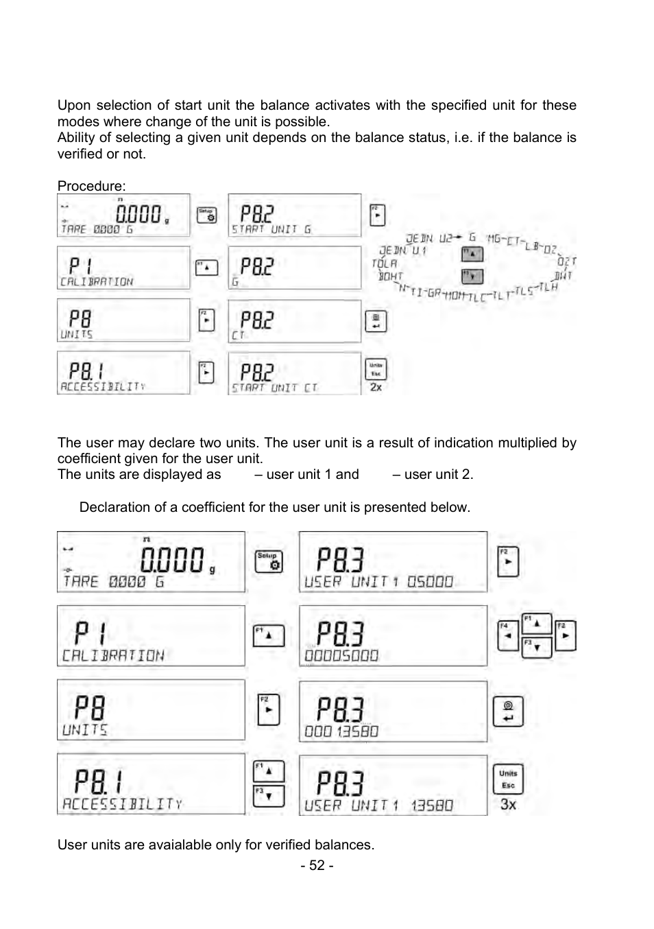 2 start unit selection, 3 user’s unit, Start unit selection | User’s unit | RADWAG PS 510.R2.CT Carat Balance User Manual | Page 52 / 174