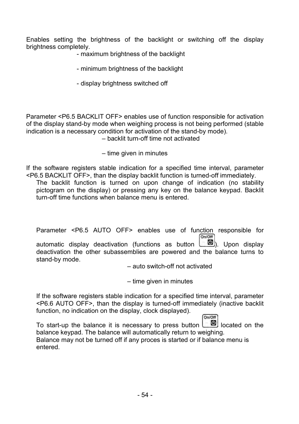 4 backlight and adjusting display brightness, 5 backlit turn-off time, 6 auto switch-off | Backlight and adjusting display brightness, Backlit turn-off time, Auto switch-off | RADWAG PS 510.R2.CT Carat Balance User Manual | Page 54 / 174