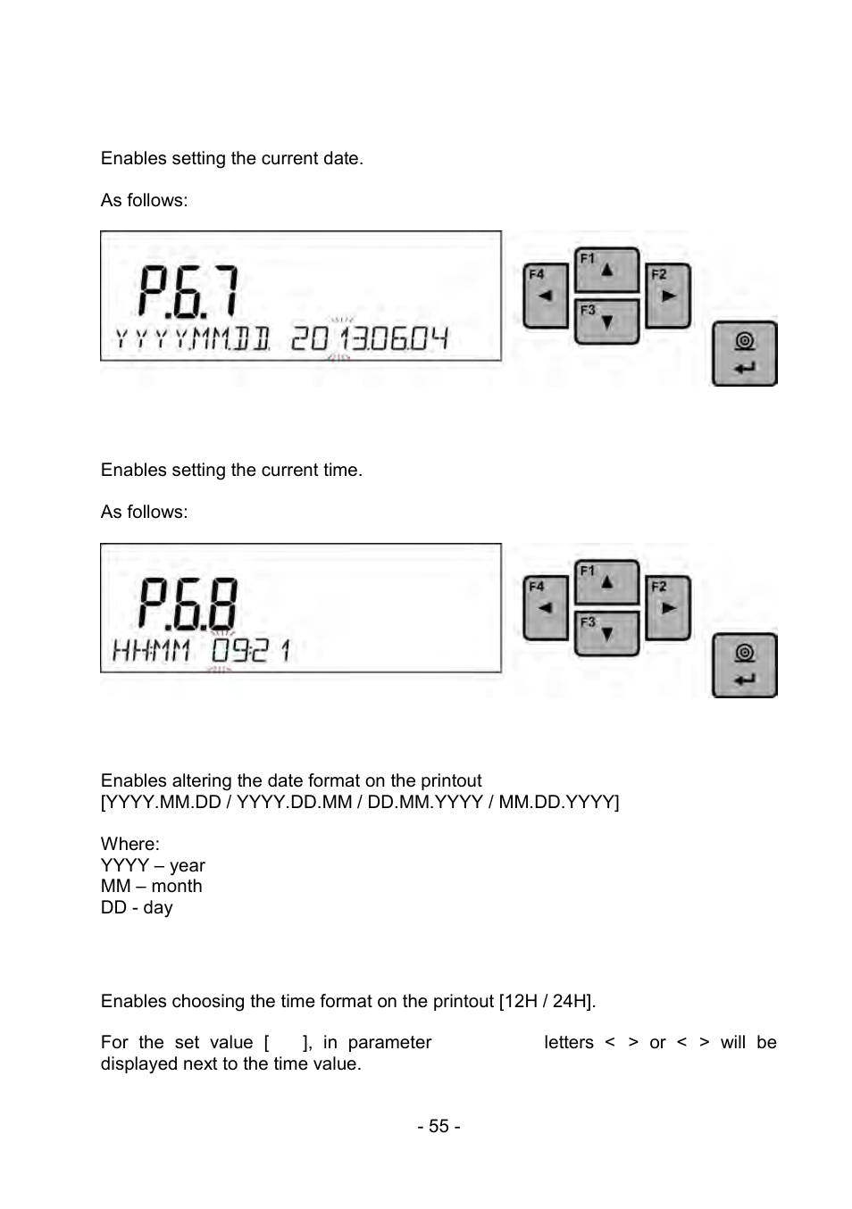 7 date, 8 time, 9 date format | 10 time format, Date, Time, Date format, Time format | RADWAG PS 510.R2.CT Carat Balance User Manual | Page 55 / 174