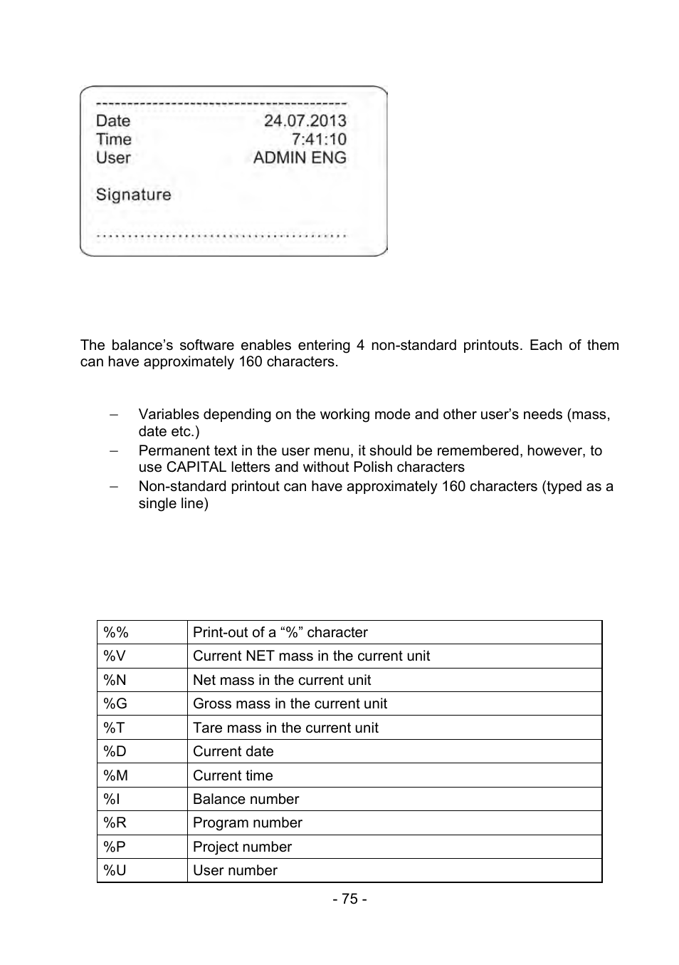 5 non-standard printouts, Inserting texts, Non-standard printouts | RADWAG PS 510.R2.CT Carat Balance User Manual | Page 75 / 174