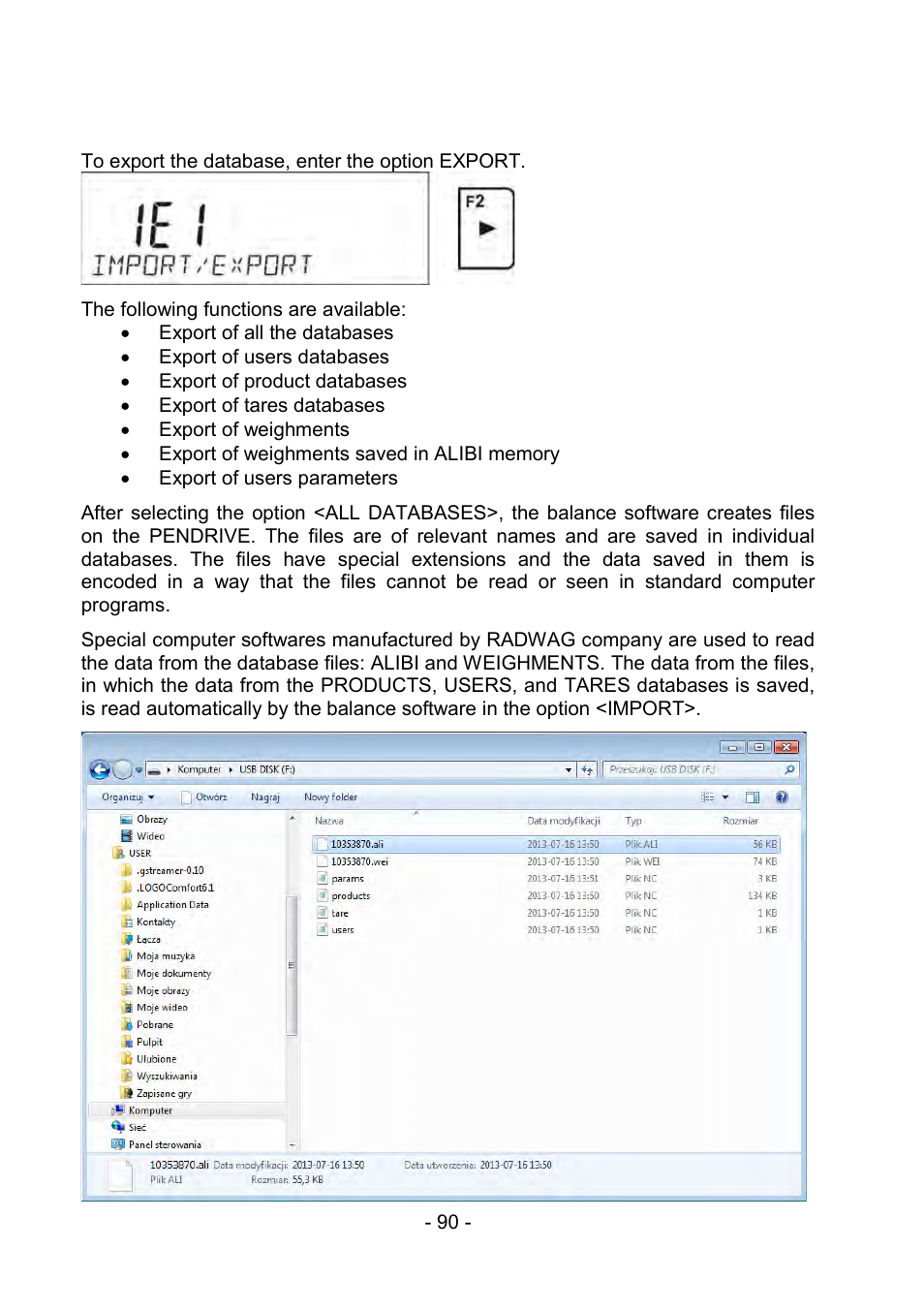 1 export database, Export database | RADWAG PS 510.R2.CT Carat Balance User Manual | Page 90 / 174