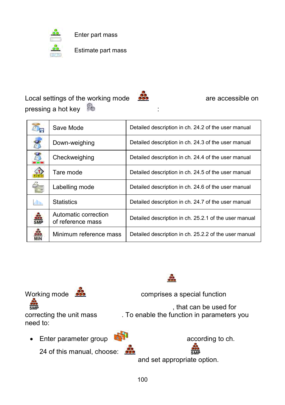 Local settings of the working mode, Automatic correction of reference mass | RADWAG WLY Scales User Manual | Page 100 / 225