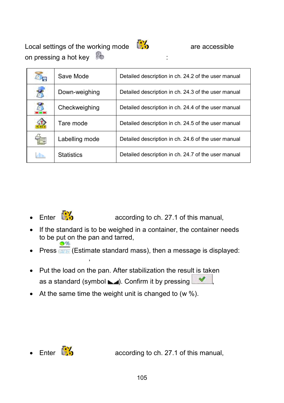 Local settings of the working mode, Reference unit mass estimated by weighing, Rederence unit mass inscribing into the memory | RADWAG WLY Scales User Manual | Page 105 / 225