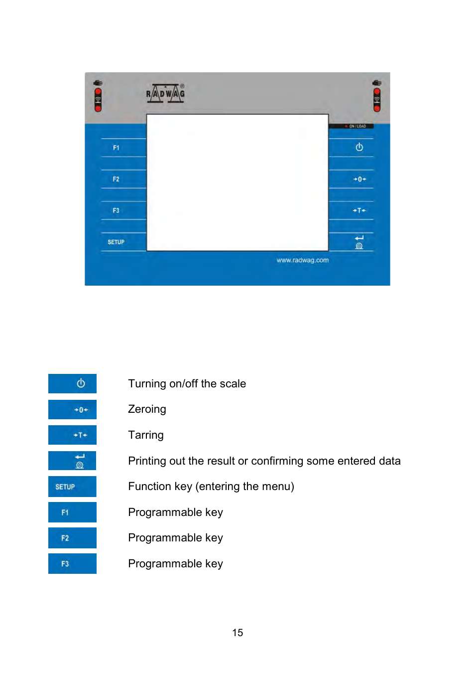 Keypad overlay, Functions of keys | RADWAG WLY Scales User Manual | Page 15 / 225