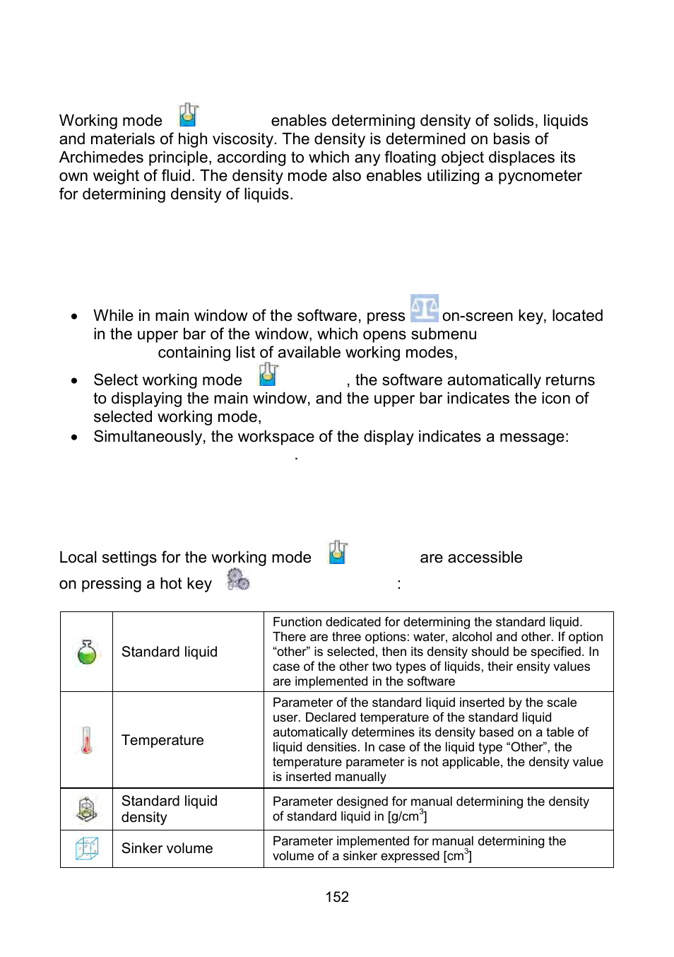 Working modes – density, Starting the working mode, Local setting of a working mode | RADWAG WLY Scales User Manual | Page 152 / 225