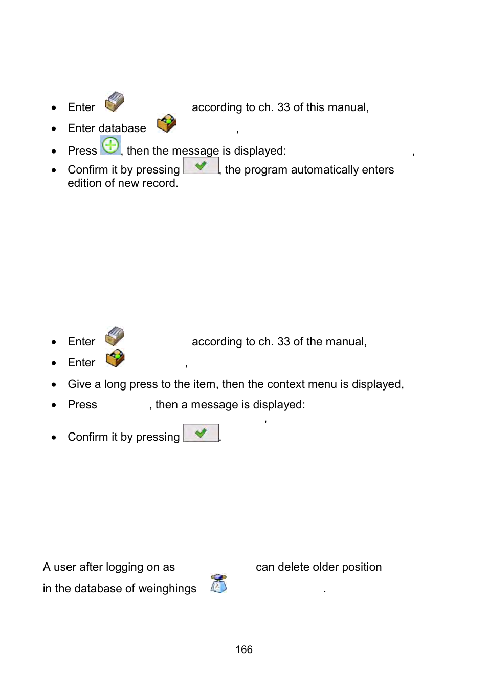 Adding new items in databases, Deleting items in databases, Deleting older data | RADWAG WLY Scales User Manual | Page 166 / 225