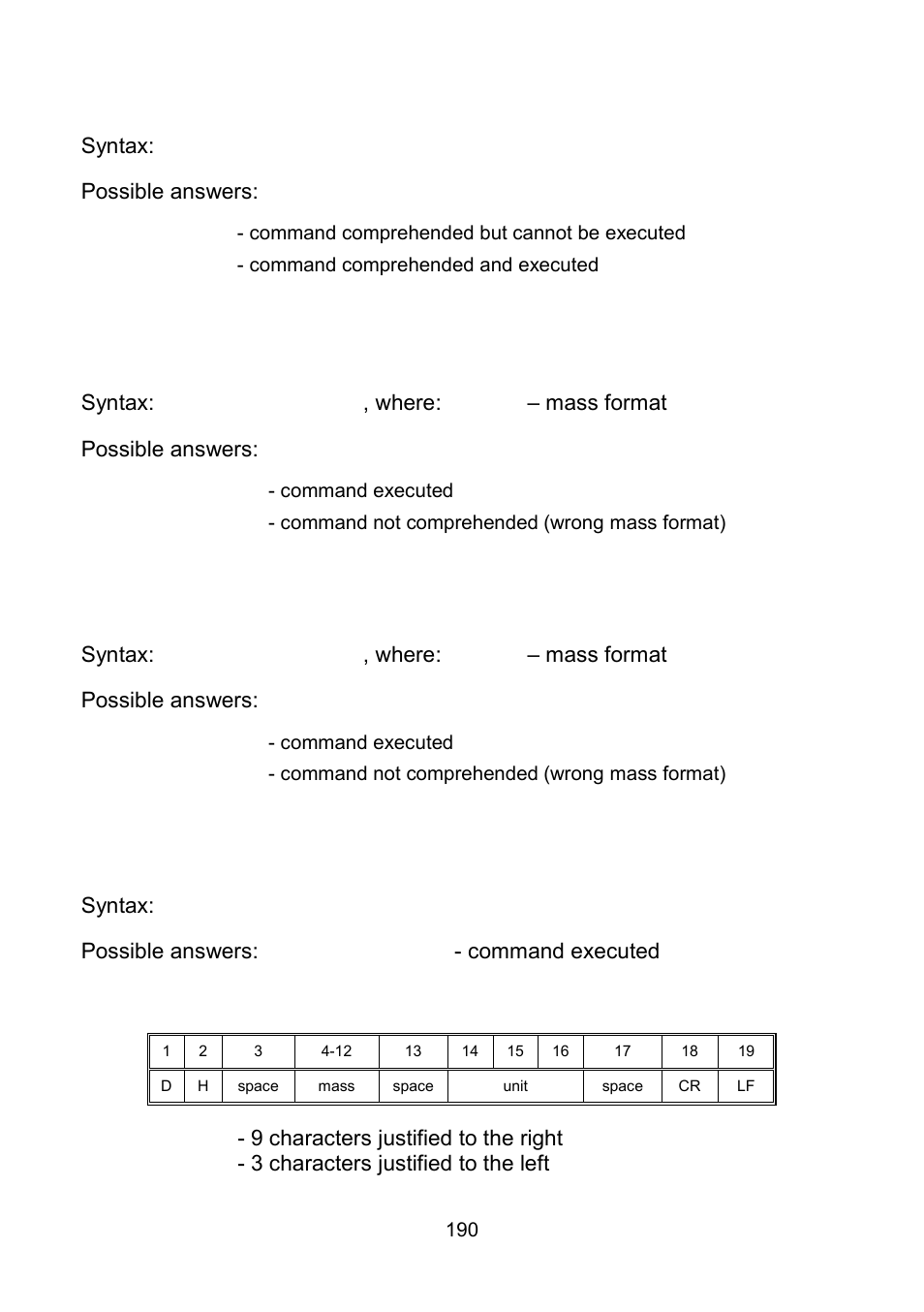 Switch off continuous transmission in current unit, Set lower threshold, Set upper threshold | Read lower threshold, Syntax: cu0 cr lf, Possible answers, Syntax: odh cr lf | RADWAG WLY Scales User Manual | Page 190 / 225