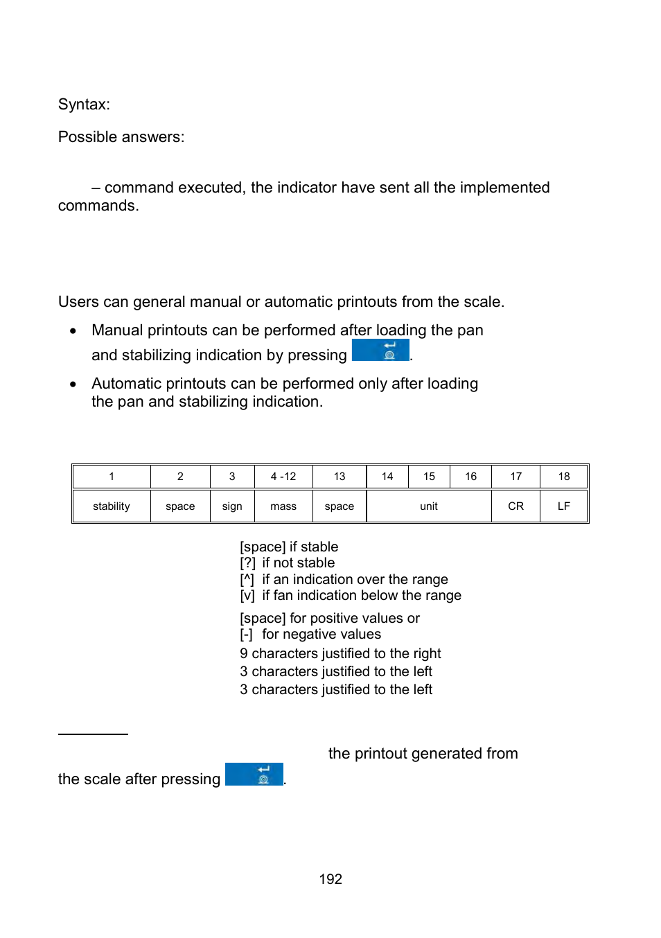 Send all implemented commands, Manual printouts / automatic printouts | RADWAG WLY Scales User Manual | Page 192 / 225