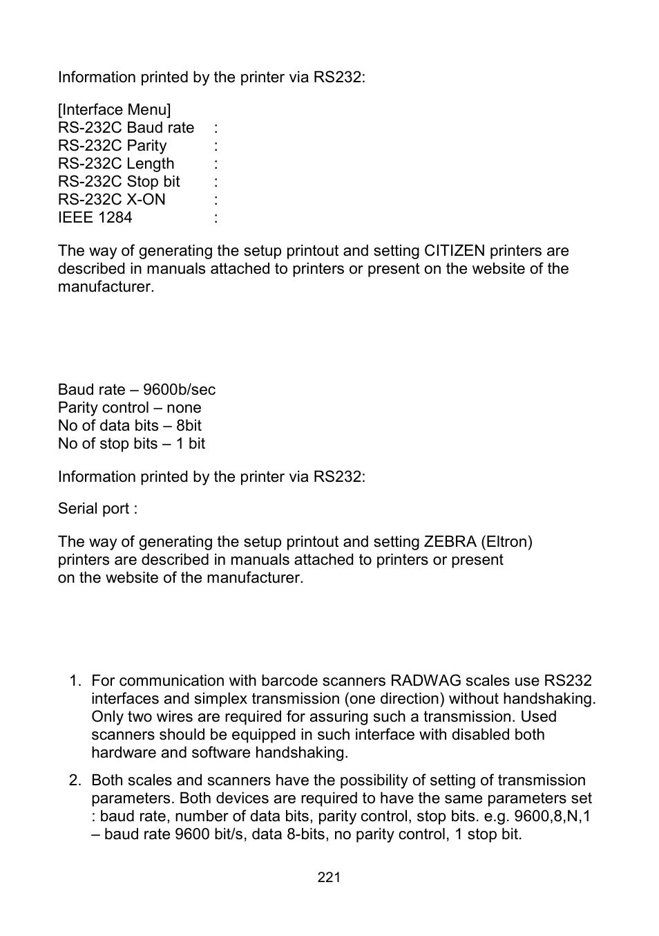 Appendix e - zebra printer setting, Appendix f - communication with barcode scanners, Appendix e | Zebra printer setting | RADWAG WLY Scales User Manual | Page 221 / 225