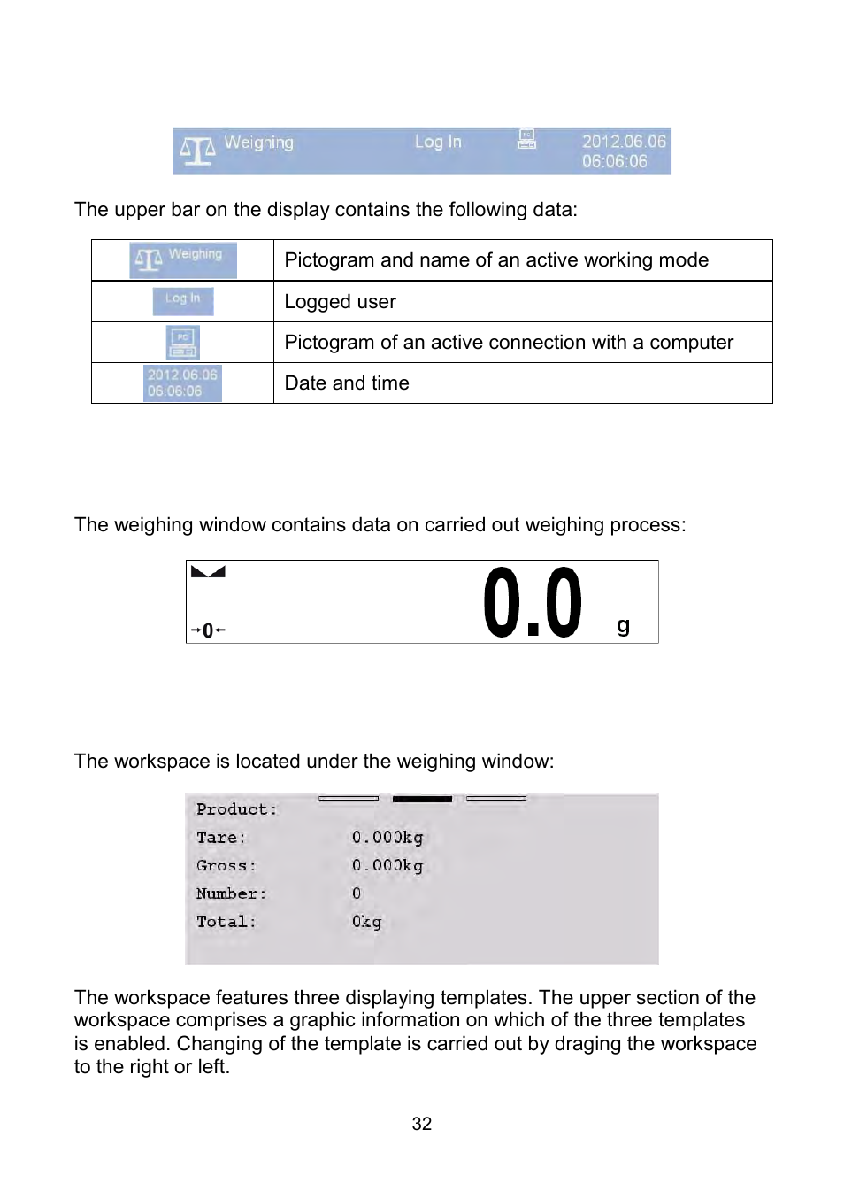 Upper bar, Weighing window, Workspace | RADWAG WLY Scales User Manual | Page 32 / 225