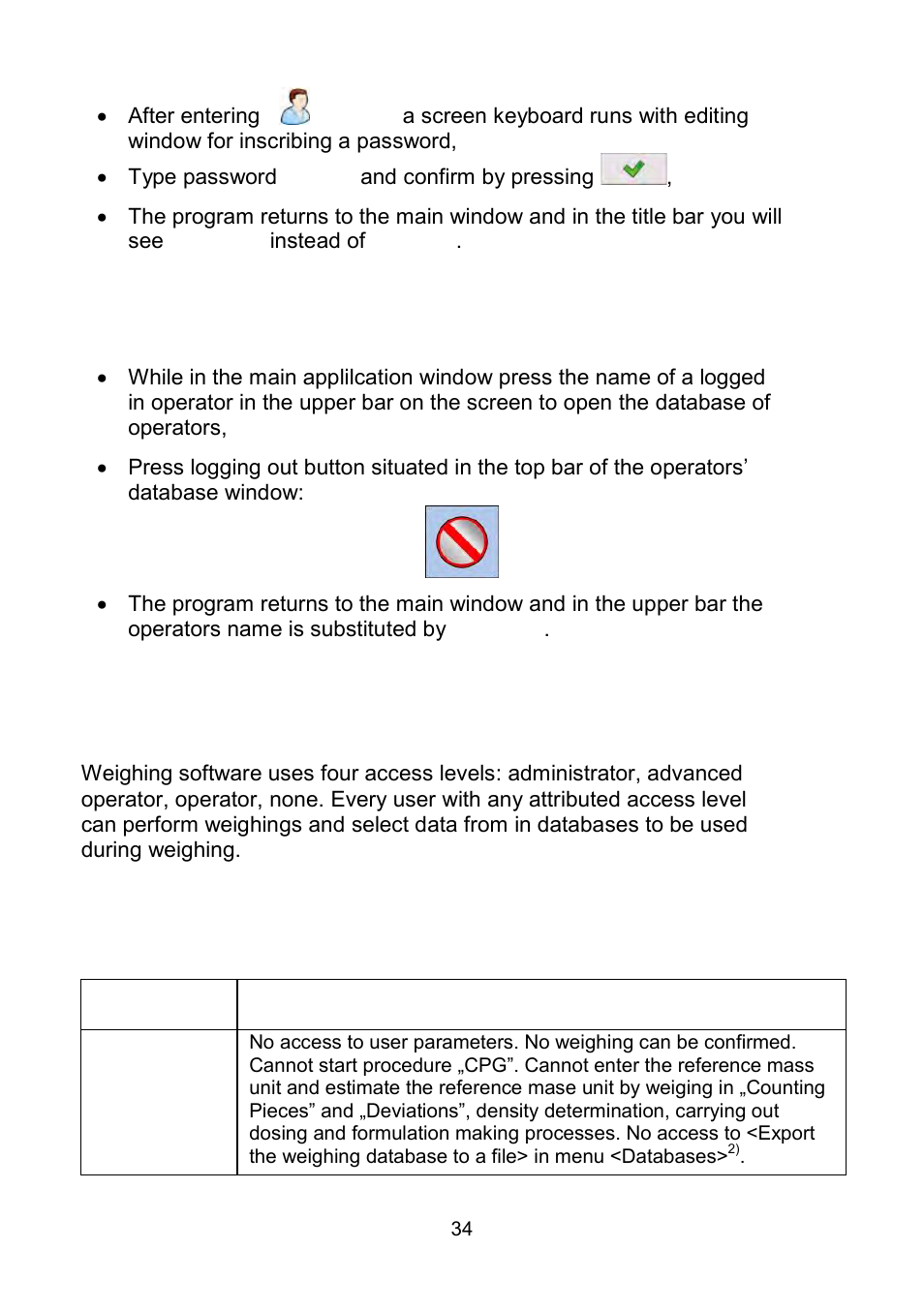Logging out procedure, Authorization access levels | RADWAG WLY Scales User Manual | Page 34 / 225