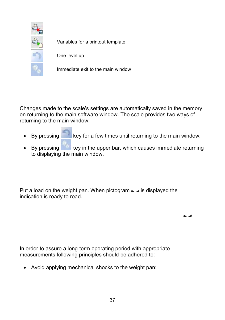 Return to weighing, Weighing, Conditions of operational use | RADWAG WLY Scales User Manual | Page 37 / 225