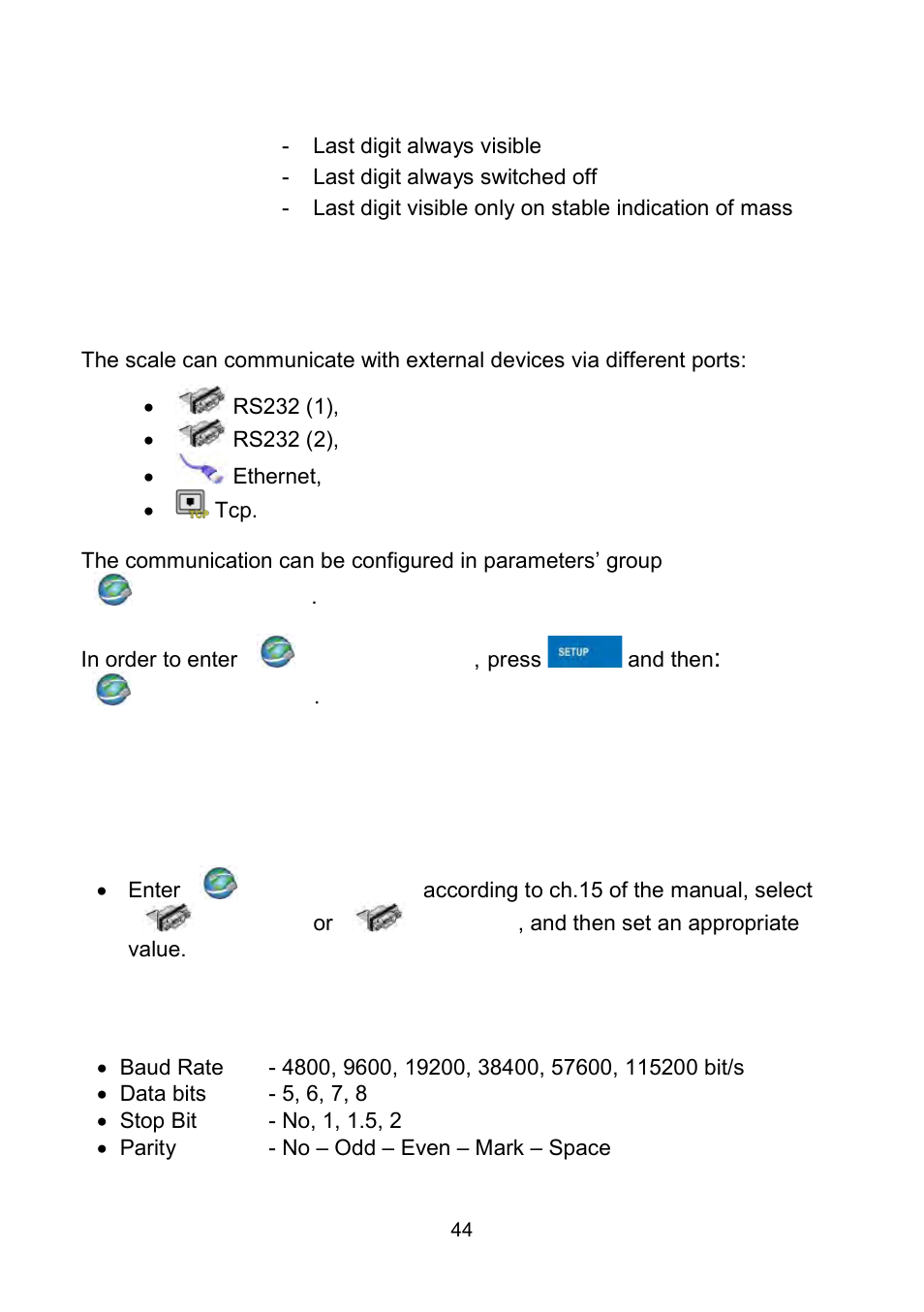 Communication, Rs 232 settings | RADWAG WLY Scales User Manual | Page 44 / 225