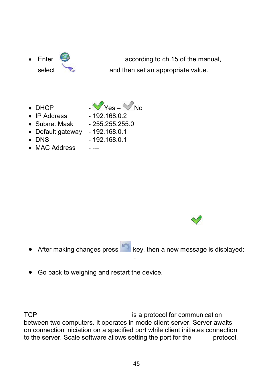 Ethernet setting, Tcp protocol setting | RADWAG WLY Scales User Manual | Page 45 / 225