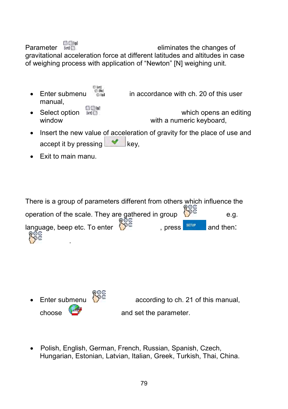 Acceleration of gravity, Other parameters, Languages | RADWAG WLY Scales User Manual | Page 79 / 225
