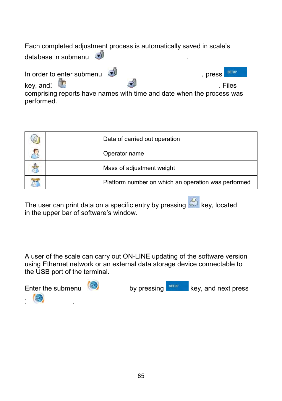Adjustment track record, Software update, On-line updating | RADWAG WLY Scales User Manual | Page 85 / 225