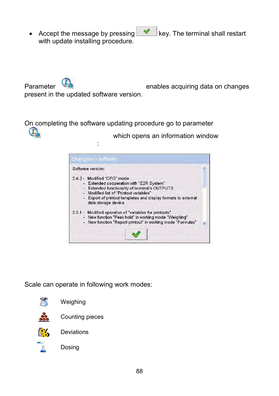Changes in software, Special functions of working modes | RADWAG WLY Scales User Manual | Page 88 / 225