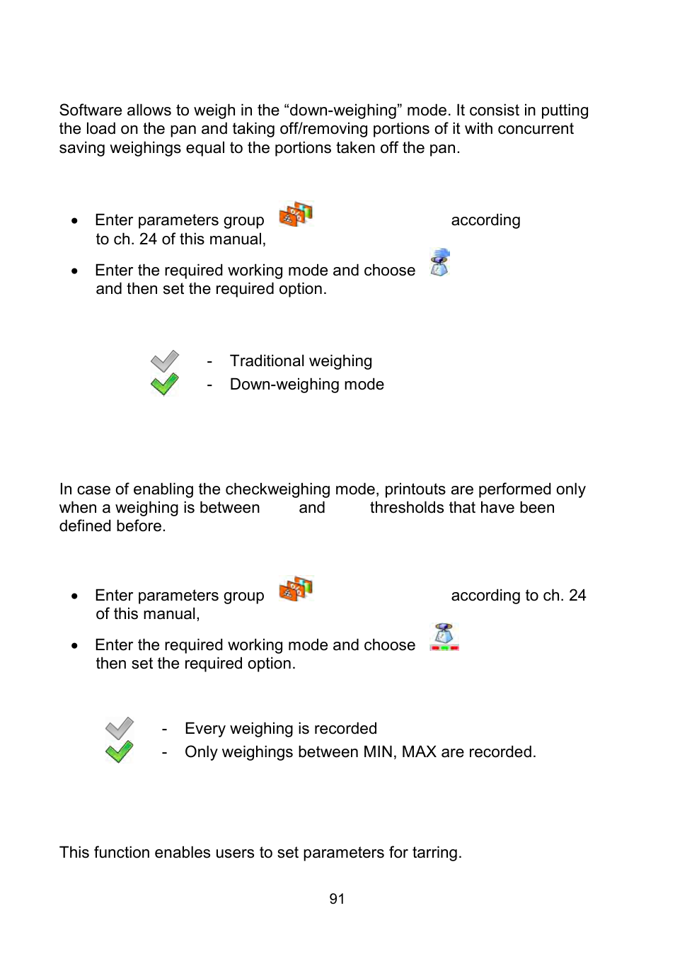 Down-weighing, Checkweighing, Tare mode | RADWAG WLY Scales User Manual | Page 91 / 225