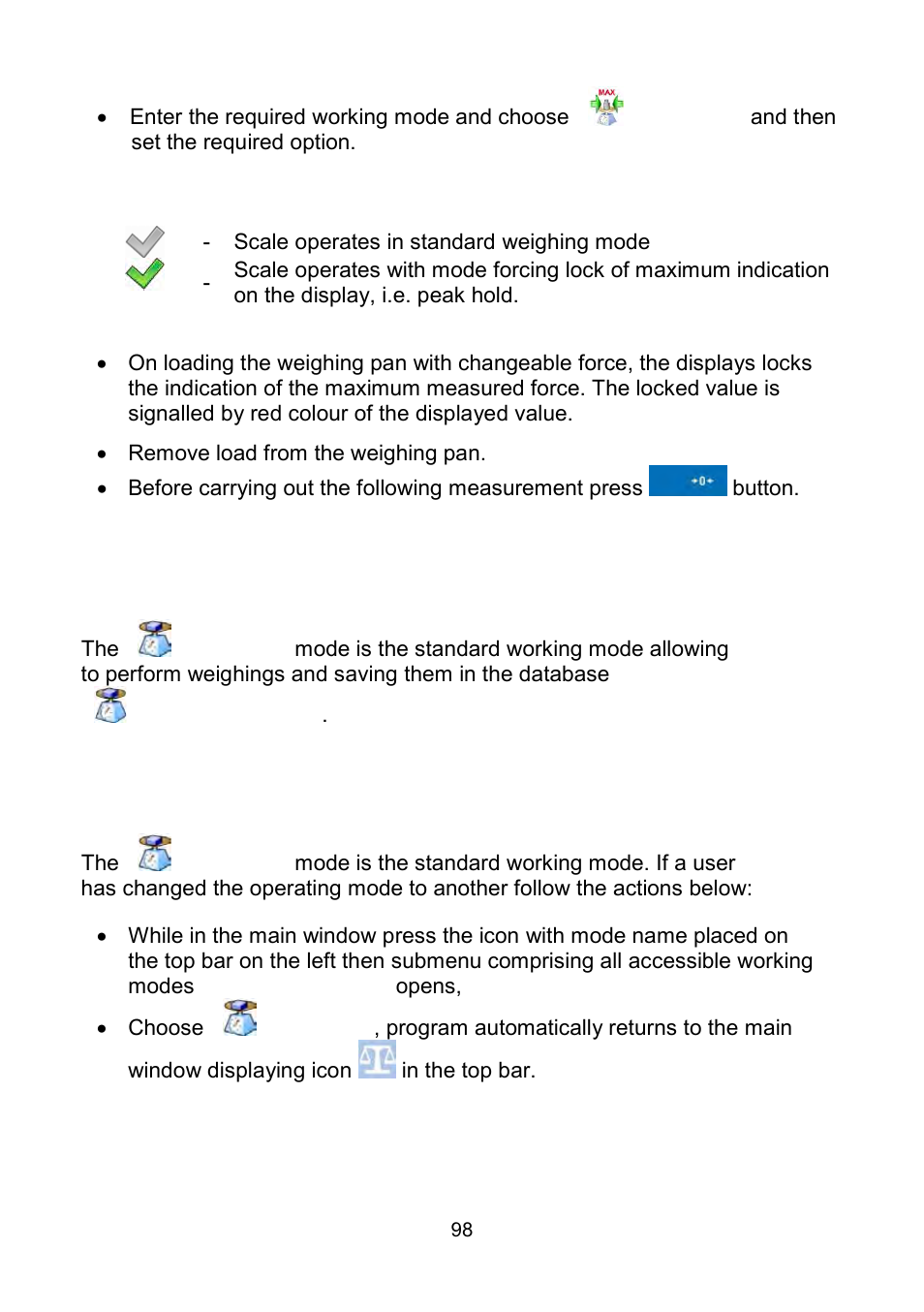 Working mode - weighing, Starting the working mode | RADWAG WLY Scales User Manual | Page 98 / 225