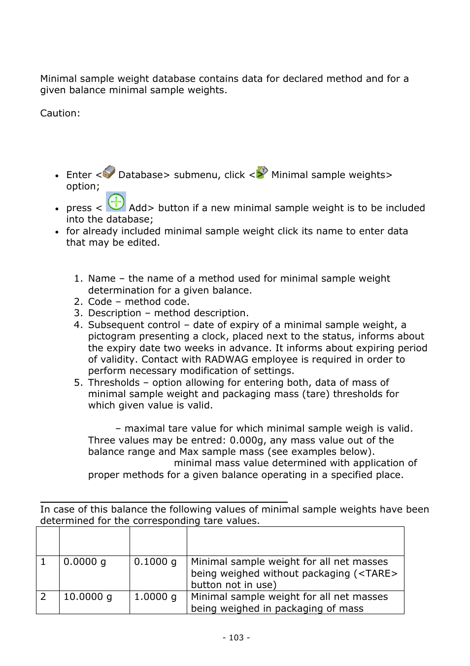 Minimal sample weight | RADWAG MA 200.3Y Moisture Analyzer User Manual | Page 103 / 170