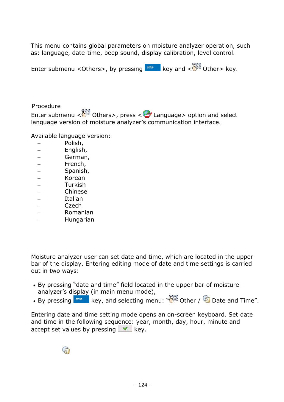 Other parameters, Interface language, Data and time setting | Interface language 23.2. data and time setting | RADWAG MA 200.3Y Moisture Analyzer User Manual | Page 124 / 170