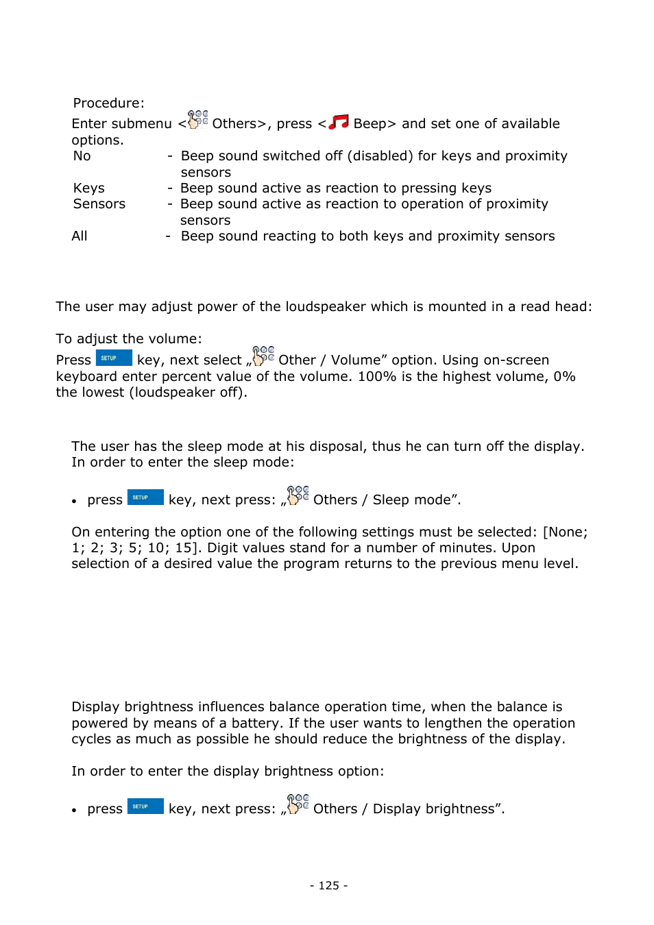 “beep” sound, Volume, Sleep mode | Display brightness | RADWAG MA 200.3Y Moisture Analyzer User Manual | Page 125 / 170