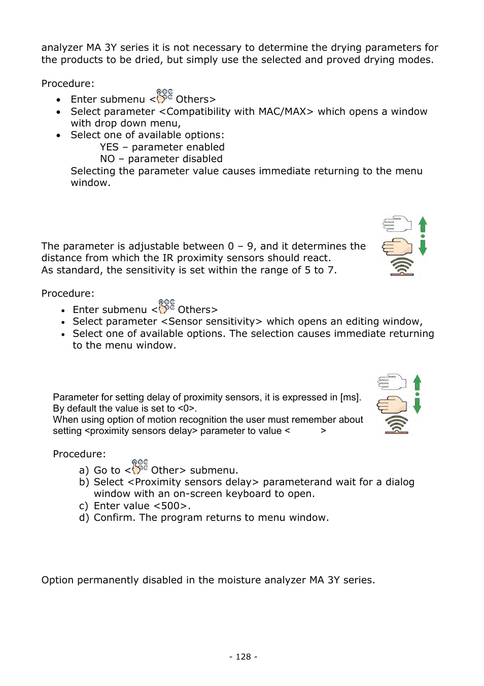 Sensors sensitivity, Proximity sensors delay, Autotest | Sensors sensitivity 23.12. proximity sensors delay | RADWAG MA 200.3Y Moisture Analyzer User Manual | Page 128 / 170