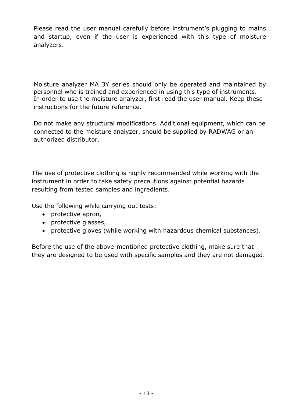 Staff competence, Protective clothing, Staff competence 2.9.1. protective clothing | RADWAG MA 200.3Y Moisture Analyzer User Manual | Page 13 / 170