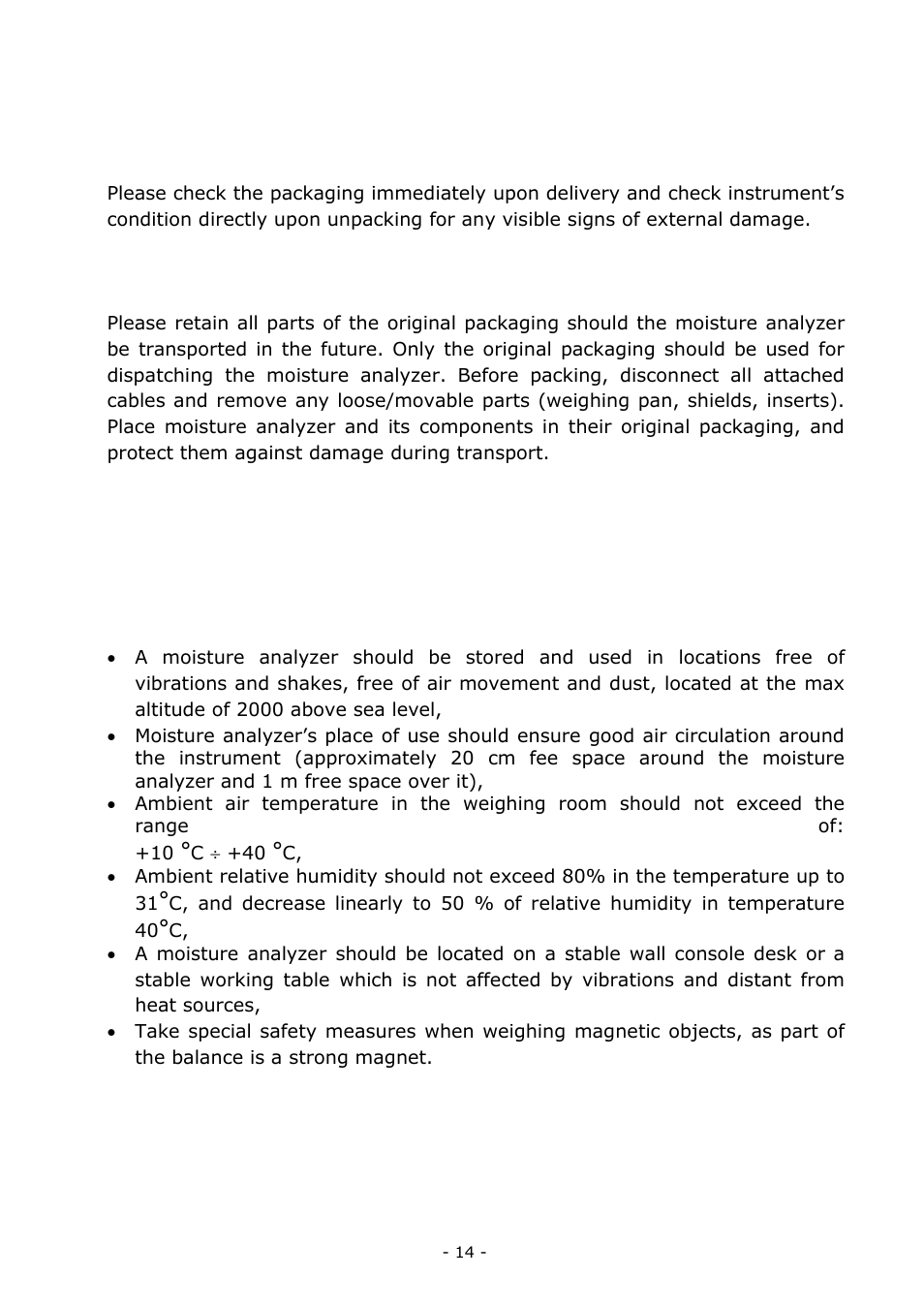 Transport and storage, Delivery check, Packaging | Unpacking, assembling and startup, Assembling and place of use, Delivery check 3.2. packaging | RADWAG MA 200.3Y Moisture Analyzer User Manual | Page 14 / 170