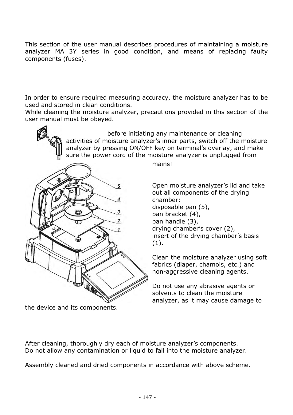 Moisture analyzer maintenance activities, Cleaning moisture analyzer components | RADWAG MA 200.3Y Moisture Analyzer User Manual | Page 147 / 170