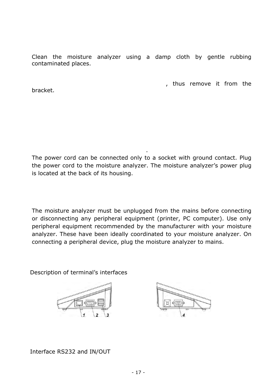 Cleaning, Plugging to mains, Connecting peripheral equipment | Interfaces | RADWAG MA 200.3Y Moisture Analyzer User Manual | Page 17 / 170